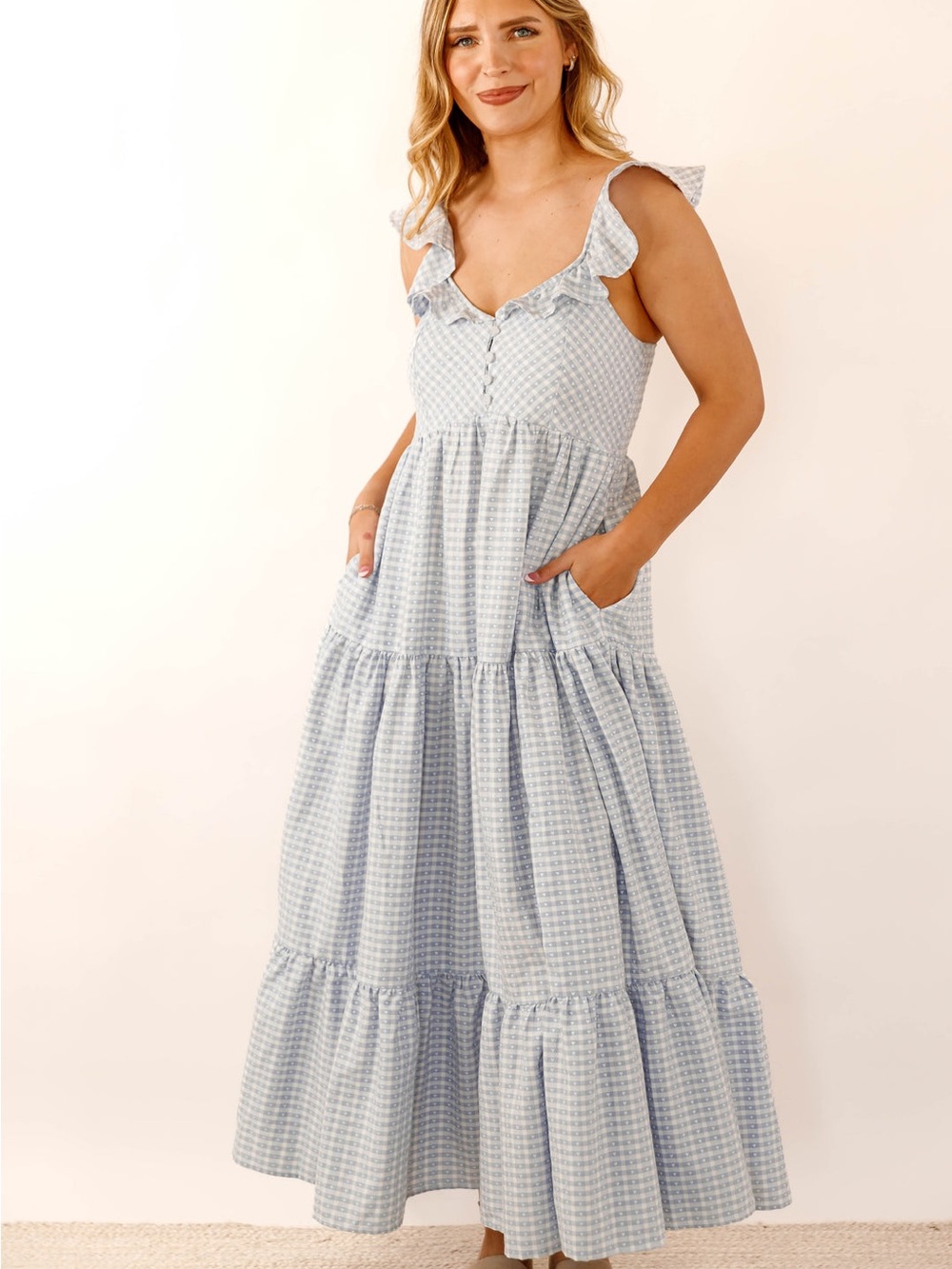 Light Blue Gingham Tiered Maxi Dress with Ruffle Straps - Picture 2 of 4